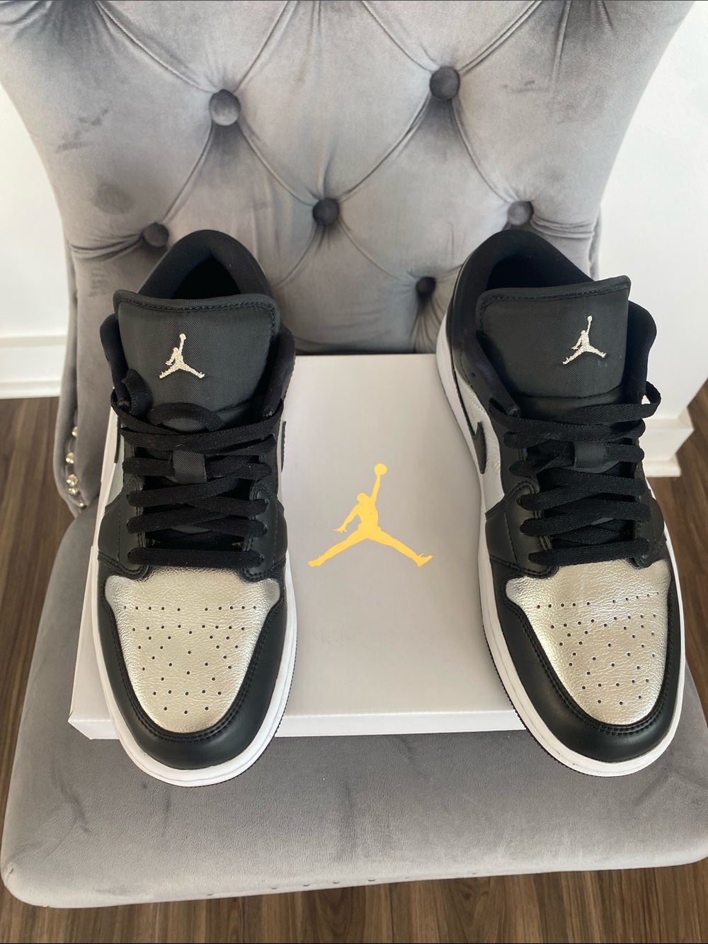 NWT Women’s Jordan 1 Low SE Black and Metallic Silver Low Top Sneakers - Picture 4 of 17
